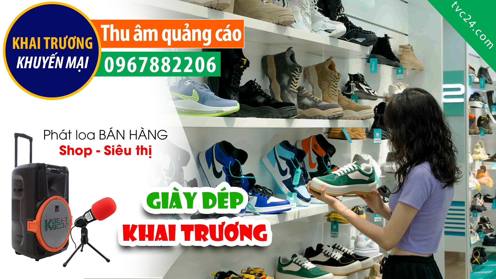 Thu âm Quảng cáo KHAI TRƯƠNG Shop giày dép Khánh Ly MC đọc Khuyến mại giá tốt TVC24