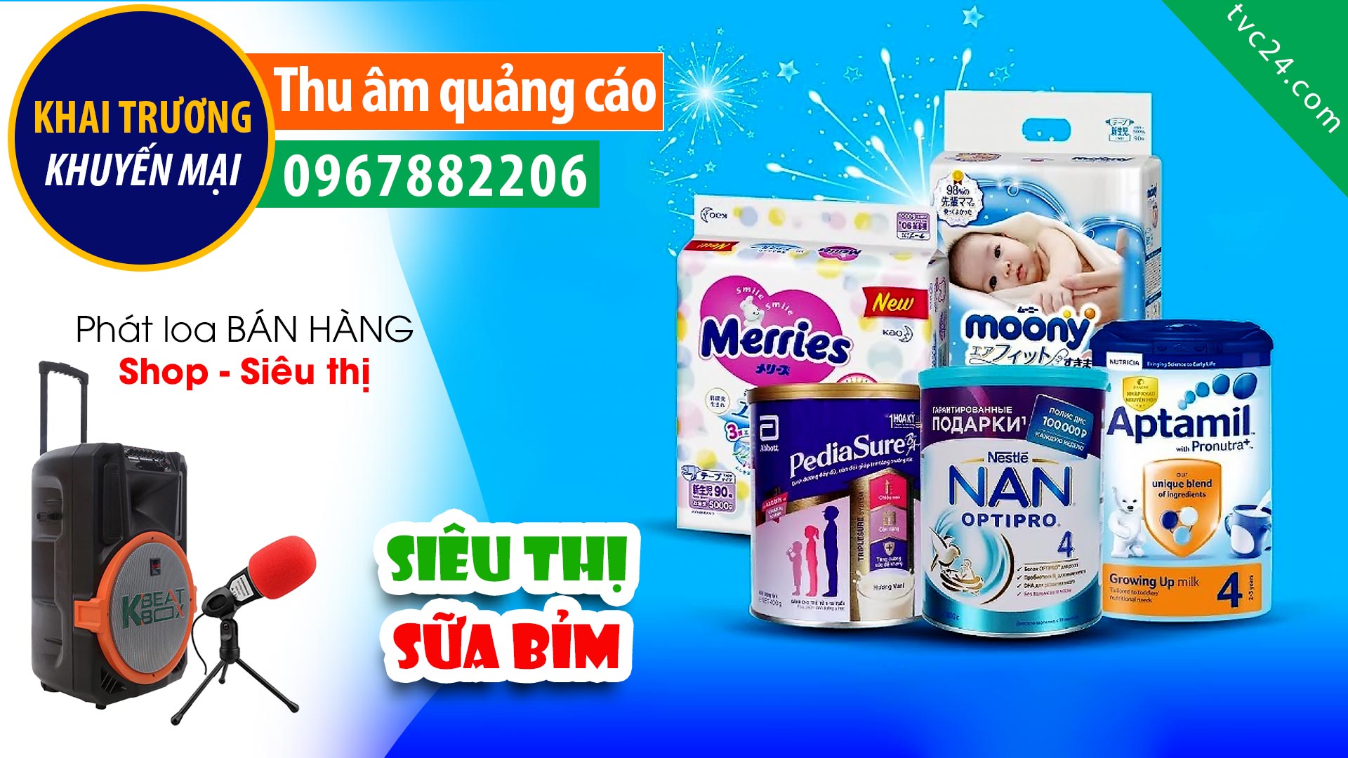 Thu âm Quảng cáo siêu thị mẹ và bé Minh Quân MC đọc khai trương giảm giá