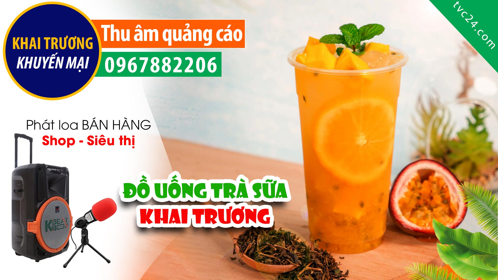 Thu âm khai trương Của hàng trà sữa caffee đồ uống Greem Xanh TVC24 đọc quảng cáo bán hàng