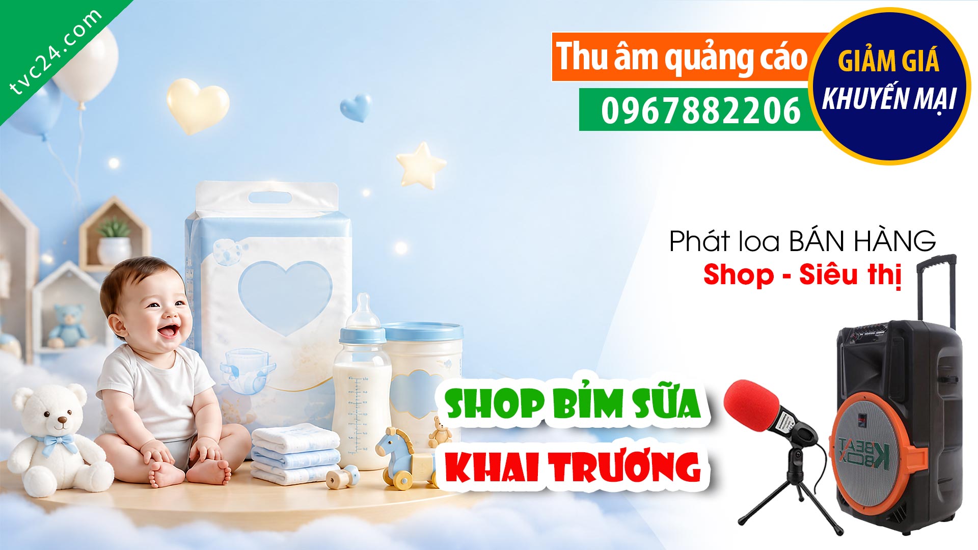  Thu âm quảng cáo khai trương Shop sữa bỉm Bé Yêu giảm giá khuyến mại tặng Quà