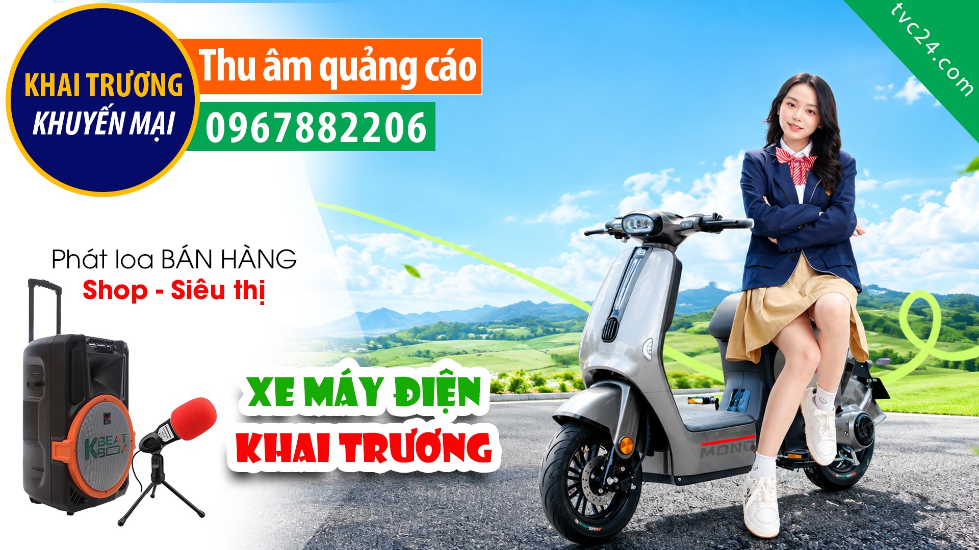 Thu âm KHAI TRƯƠNG cửa hàng xe máy Hoàng Sơn TVC24 đọc khuyến mại giảm giá sôi động thu hút