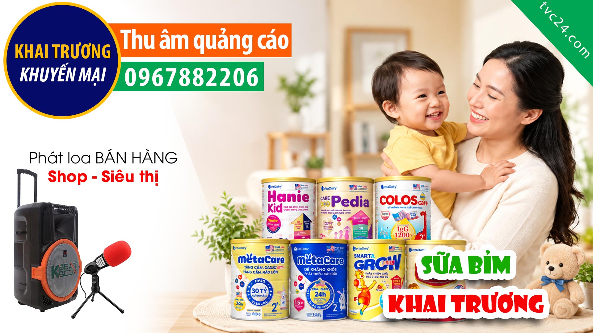 Thu âm Quảng cáo khai trương Shop sữa bỉm Kids smart TVC24 đọc khuyến mại giảm giá bán hàng