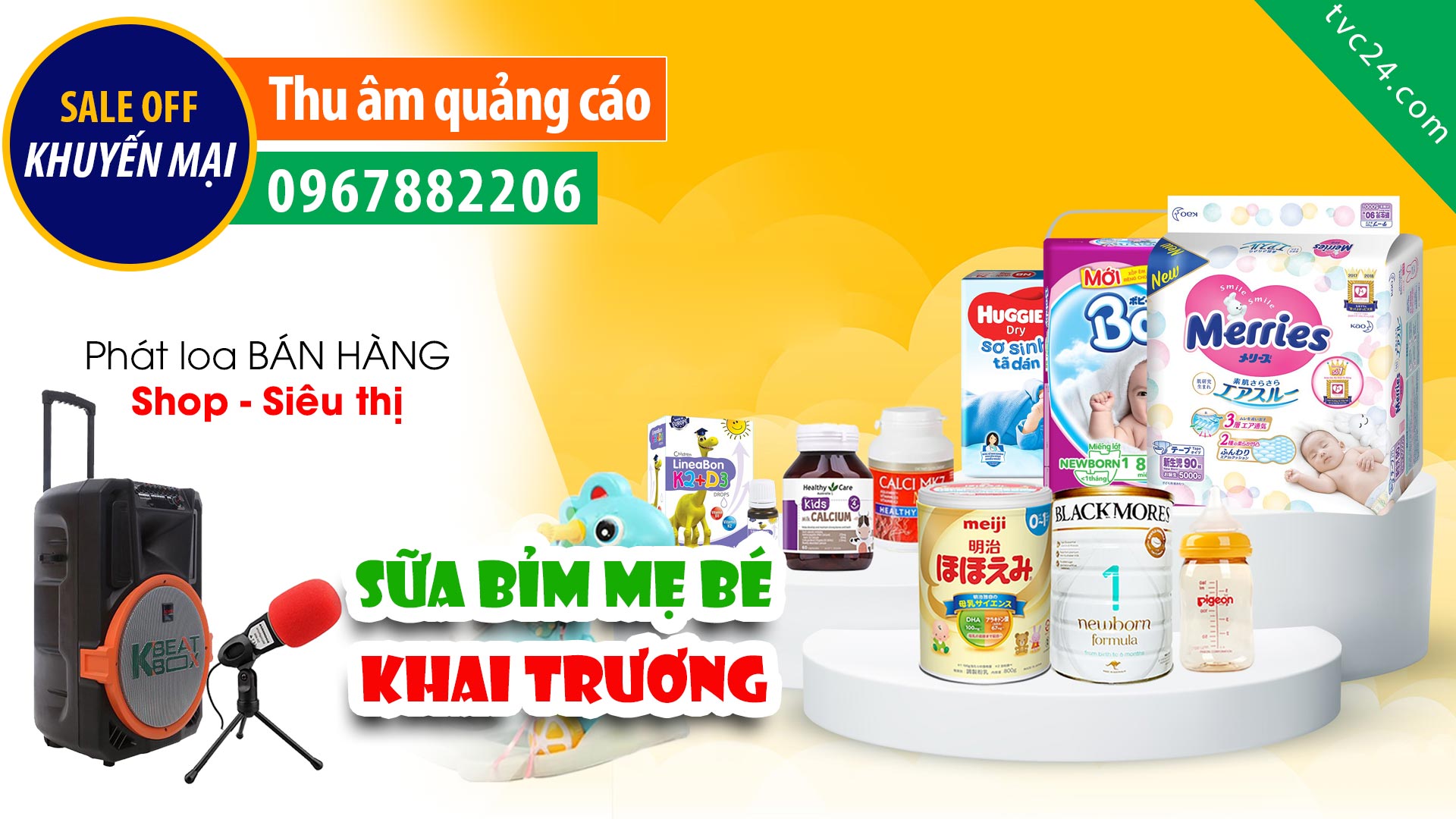 Thu âm Quảng cáo ngày khai trương Siêu thị sữa bỉm 68 MC đọc khuyến mại tặng quà