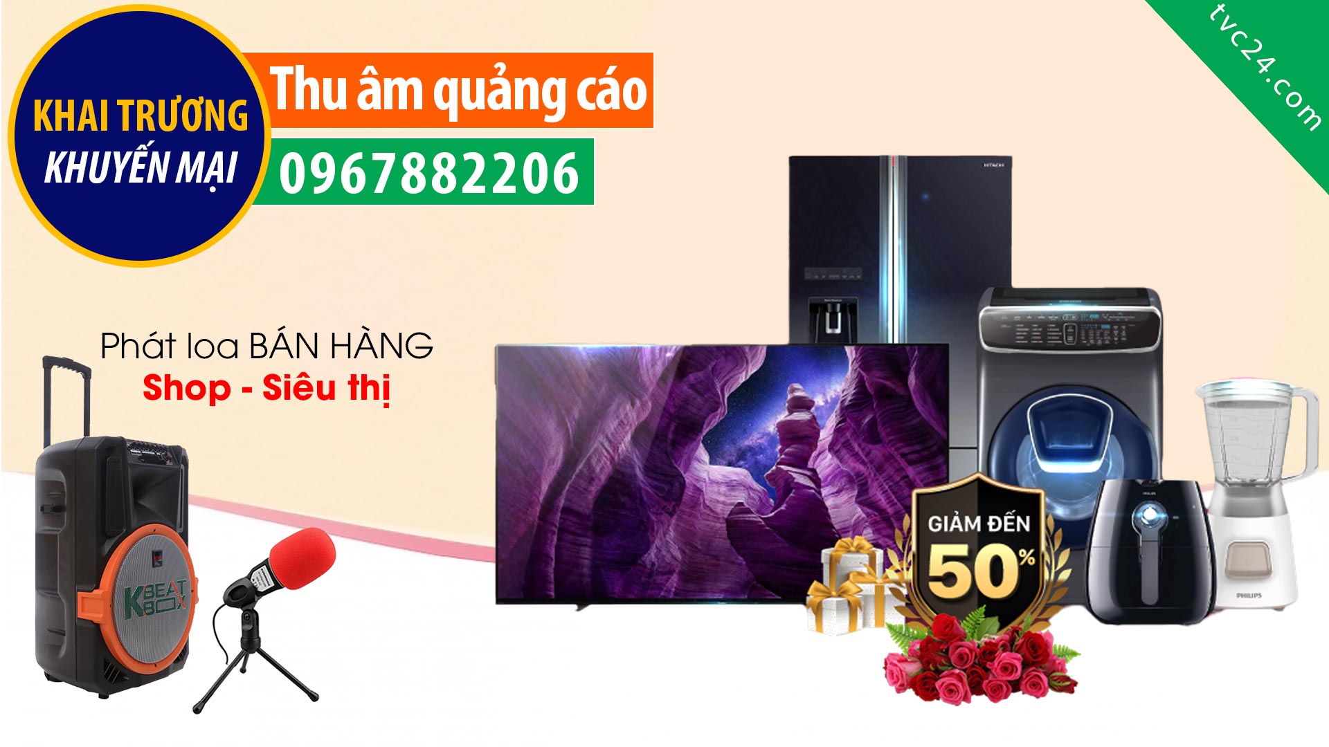 Thu âm quảng cáo điện máy Tiến Giang TVC24 đọc Khuyến mại phát loa bán hàng