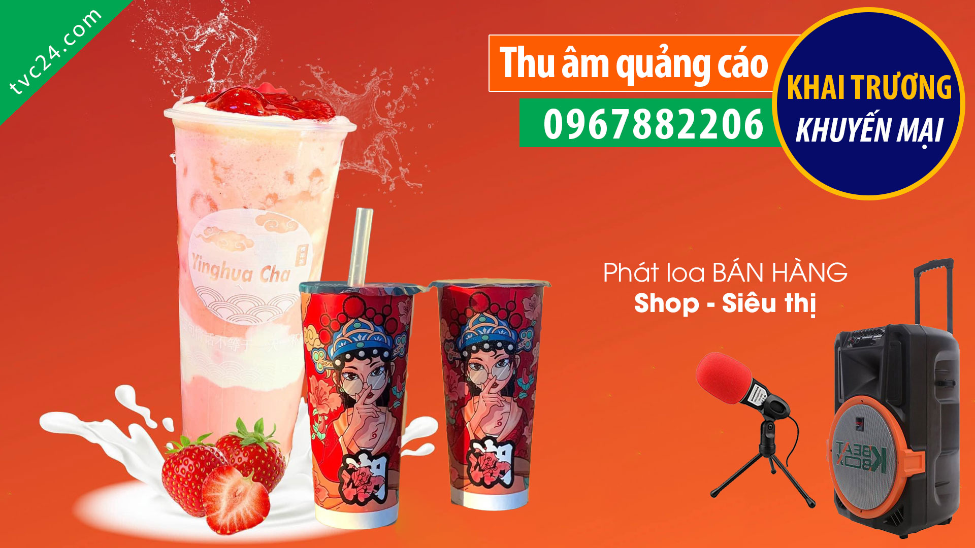 Thu âm quảng cáo trà sữa Yinghua Cha TVC24 đọc khuyến mại phát loa