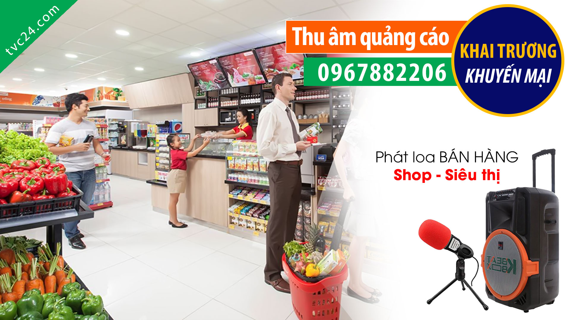 Thu âm khai trương siêu thị Sơn Bảo Mart TVC24 đọc quảng cáo phát loa