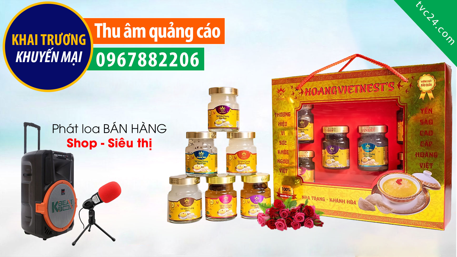 Thu âm quảng cáo Yến sào Hoàng Việt Nha Trang Sáng Yến TVC24 đọc phát loa