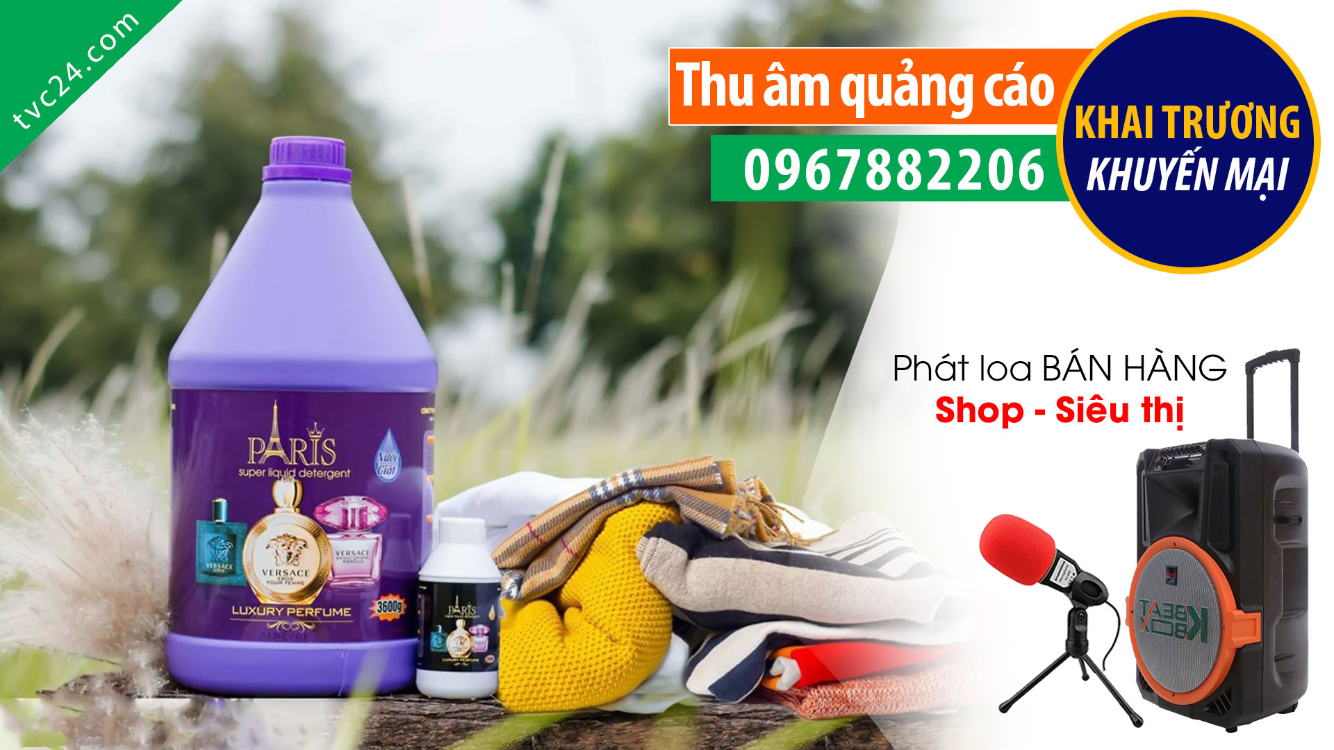 Thu âm quảng cáo nước giặt Pasri MC đọc phát loa TVC24