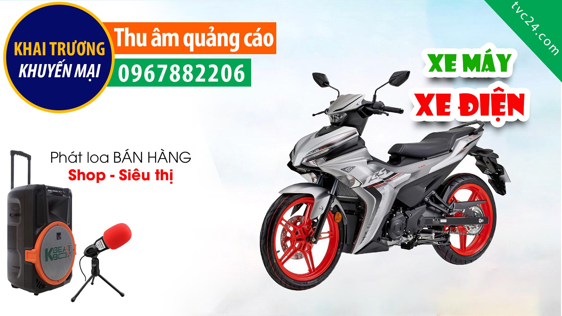 Thu âm quảng cáo xe máy Tân Phát motor TVC24 đọc phát loa Khuyến mại