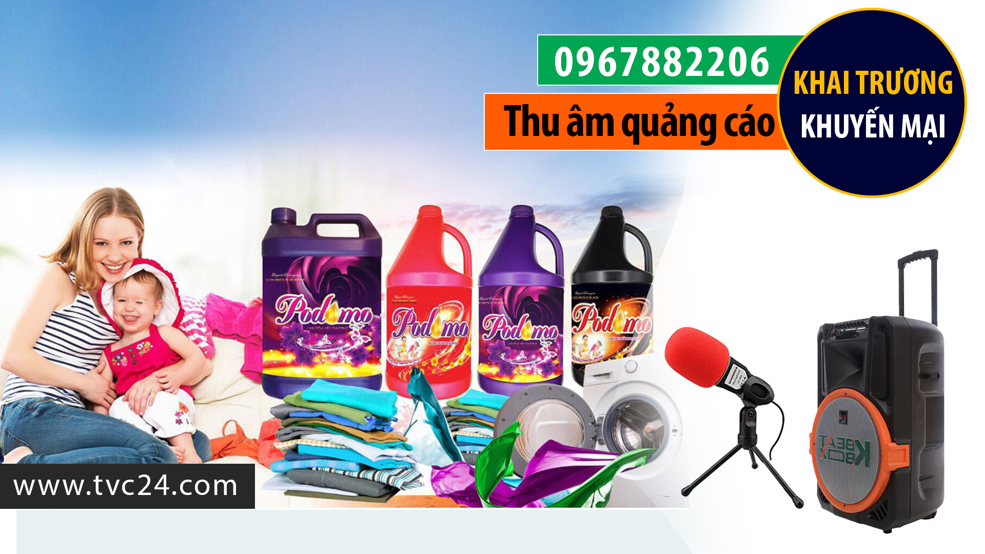 Thu âm quảng cáo nước giặt xả Podomo phat loa gian hàng hội trợ