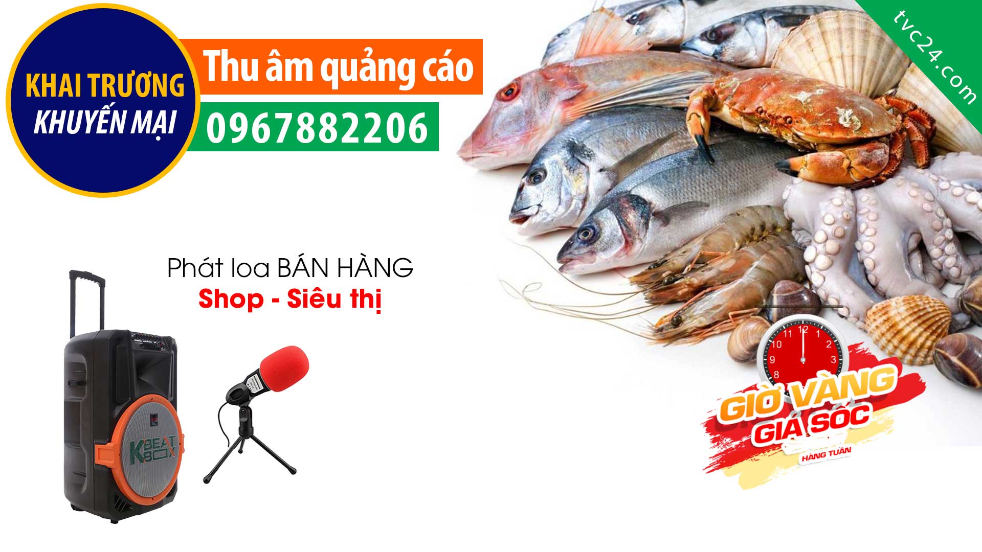 Thu âm quảng cáo Hải sản Nguyễn Gia MC đọc khai trương khuyến mại
